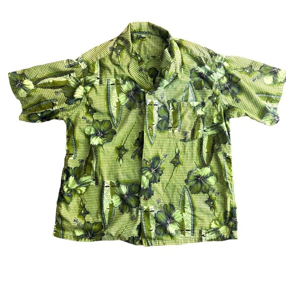 Vtg Hawaiian Shirt Mens L Floral Surf Hibiscus Green Short Sleeve Made in Hawaii - Picture 1 of 5